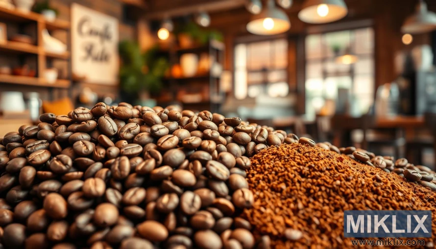 A vibrant, high-resolution image of a variety of fresh coffee beans, whole and ground, in warm, earthy tones. The beans are arranged in the foreground, with a soft, blurred background of a cozy, rustic coffee shop or cafe setting, complete with wooden tables, shelves, and ambient lighting. The overall mood is one of health, wellness, and the comforting aroma of freshly brewed coffee. The image should convey the benefits and pleasures of drinking coffee, without any distracting elements.