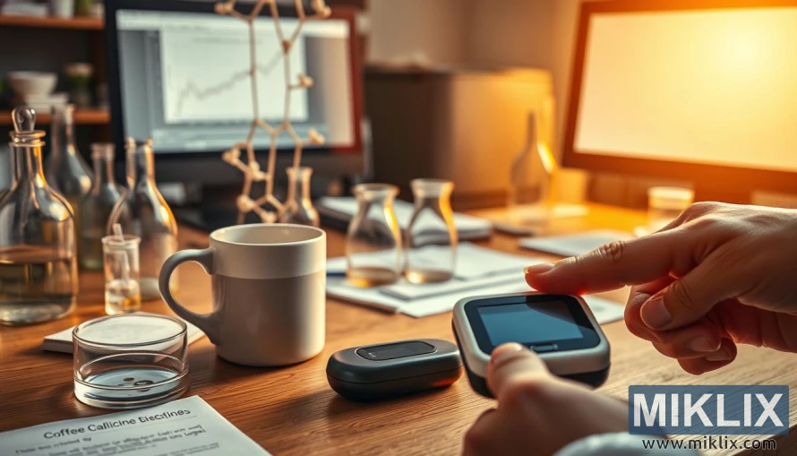 A steam-filled coffee mug sits atop a wooden table, surrounded by scientific glassware and laboratory equipment. Beams of warm, golden light cascade through the window, illuminating a petri dish filled with a glucose solution and a small stack of research papers. In the foreground, a hand presses a glucose monitor against the fingertip, while in the background, a computer displays a graph showing the effects of coffee consumption on glucose metabolism. The scene conveys a sense of investigation and discovery, with the coffee serving as a catalyst for better understanding the relationship between caffeine and glucose processing.