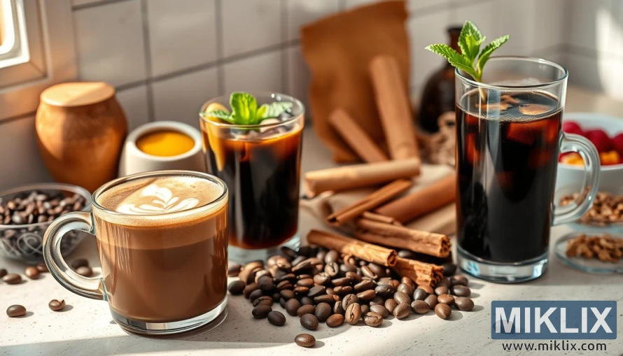 A sun-dappled kitchen countertop, adorned with an array of tempting coffee beverages. In the foreground, a steaming mug of rich mocha latte, topped with a delicate swirl of foamed milk. Alongside, a glass of iced coffee, its dark liquid infused with fresh mint leaves and a slice of lemon. In the middle ground, a variety of whole coffee beans, freshly ground, and a selection of natural sweeteners like honey and cinnamon sticks. The background features a collection of healthy snacks - granola bars, fresh berries, and a small bowl of nuts. The scene is lit by a warm, diffused light, creating a cozy, inviting atmosphere. A visually captivating display of healthy coffee recipes.