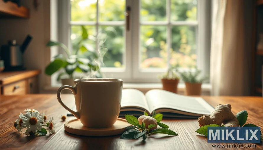 A cozy, well-lit kitchen scene featuring a steaming cup of herbal tea on a wooden table, surrounded by soothing botanicals like chamomile, mint, and ginger. The lighting is warm and inviting, casting a soft glow on the arrangement. In the middle ground, an open book or magazine subtly references the digestive health benefits of tea. The background showcases a window overlooking a lush, verdant garden, creating a serene, natural ambiance. The overall composition conveys the calming, nourishing properties of tea for digestive wellness.