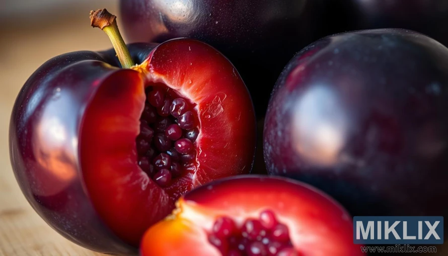 A close-up shot of a fresh, juicy plum with its deep purple skin glistening under soft, warm lighting. The plum's cross-section reveals its vibrant red flesh, filled with clusters of tiny, bright purple antioxidant-rich compounds. The foreground focuses on the plum's interior, while the slightly blurred background suggests a clean, minimalist kitchen setting. The composition and lighting emphasize the plum's natural beauty and the abundance of beneficial antioxidants it contains.