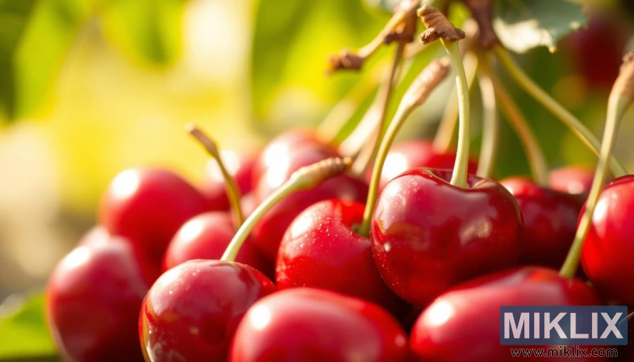 A vibrant close-up of a cluster of ripe, luscious cherries, their deep red skins glistening under warm, natural lighting. The cherries are arranged in the foreground, with a blurred background hinting at a serene, rustic setting. The image conveys the health and vitality of these nutritious fruits, emphasizing their antioxidant properties, anti-inflammatory benefits, and ability to support heart health and disease prevention. The overall mood is one of freshness, wholesomeness, and the natural goodness of this distinctive superfood.