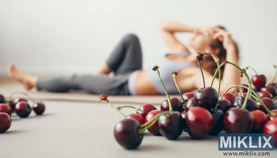 A person resting after a workout, surrounded by a carefully arranged array of fresh, ripe cherries. The figure is seated comfortably on a plush yoga mat, wearing form-fitting athletic attire. The lighting is soft and diffused, creating a tranquil, restorative atmosphere. In the middle ground, an assortment of cherries in various stages of ripeness is positioned artfully, their deep red hues contrasting beautifully with the neutral tones of the background. The overall composition conveys a sense of post-exercise rejuvenation and the potential benefits of incorporating cherries into one's recovery routine.