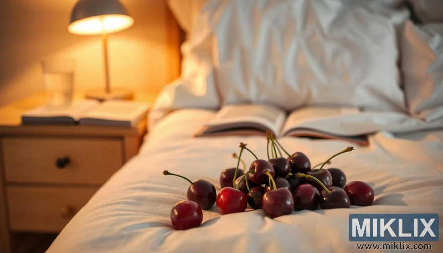 A cozy bedroom scene with a nightstand holding a glass of water and a book, illuminated by a warm, soft lamp. On the bed, a cluster of ripe, glossy cherries rest peacefully, their deep red hues contrasting against the crisp, white sheets. The room is bathed in a gentle, golden light, creating a serene and inviting atmosphere, suggestive of the calming benefits of cherries for improved sleep quality.