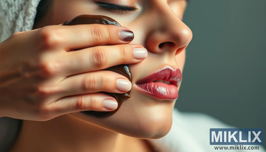 A close-up shot of a woman's hand gently massaging a rich, dark chocolate-based skincare product onto her face. The product's dark brown hue is complemented by a warm, glowing skin tone and soft, diffused lighting, creating a sense of luxurious indulgence. The background is blurred, placing the focus entirely on the skin and the texture of the chocolate-infused cream. The scene conveys a calming, spa-like atmosphere, suggesting the soothing and nourishing properties of the dark chocolate skincare formulation.