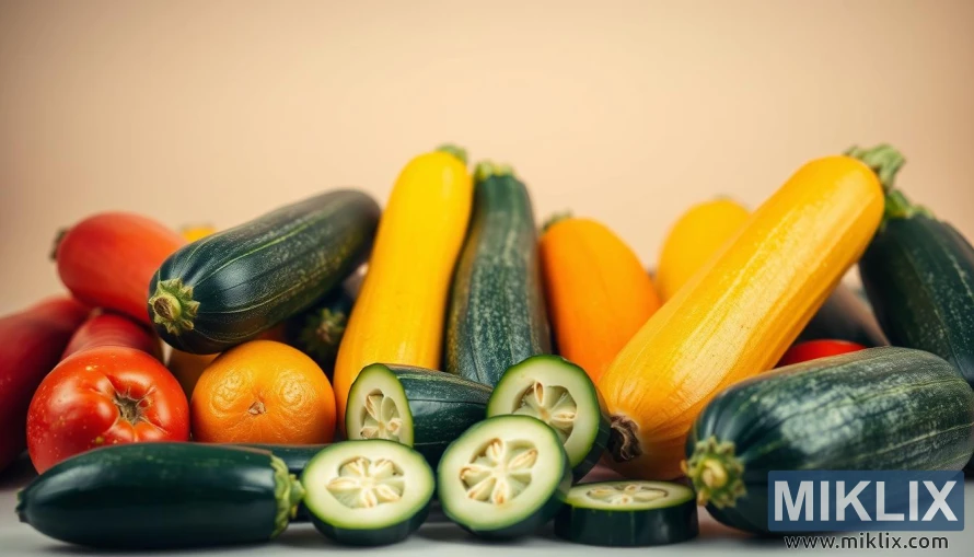 A vibrant and detailed still life depicting an assortment of freshly harvested zucchini/courgettes in various colors and sizes, arranged artfully against a plain background. The produce is shown in the foreground, with soft, natural lighting accentuating their smooth textures and vibrant hues. In the middle ground, a few sliced zucchini pieces are displayed, showcasing their internal structure and green flesh. The background is a simple, neutral color that allows the zucchini to be the focal point. The overall composition conveys the health benefits and natural goodness of this versatile vegetable.
