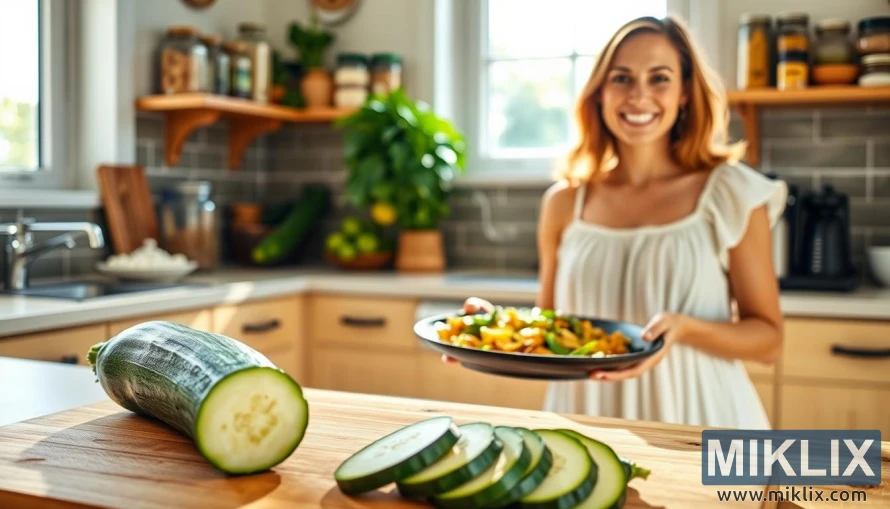 A vibrant, sun-drenched kitchen scene showcasing a weight loss journey fueled by the goodness of zucchini. In the foreground, a crisp, freshly sliced zucchini sits atop a wooden cutting board, its vibrant green hue a testament to its natural vitality. In the middle ground, a smiling woman in a light, airy sundress holds a plate of zucchini-based dishes, her face radiating a sense of health and well-being. The background features a neatly organized pantry, with jars of spices and herbs, and a large window that allows natural light to flood the space, creating a warm, inviting atmosphere. The overall scene conveys a message of balance, nutrition, and the empowering potential of a zucchini-centric diet for weight loss.