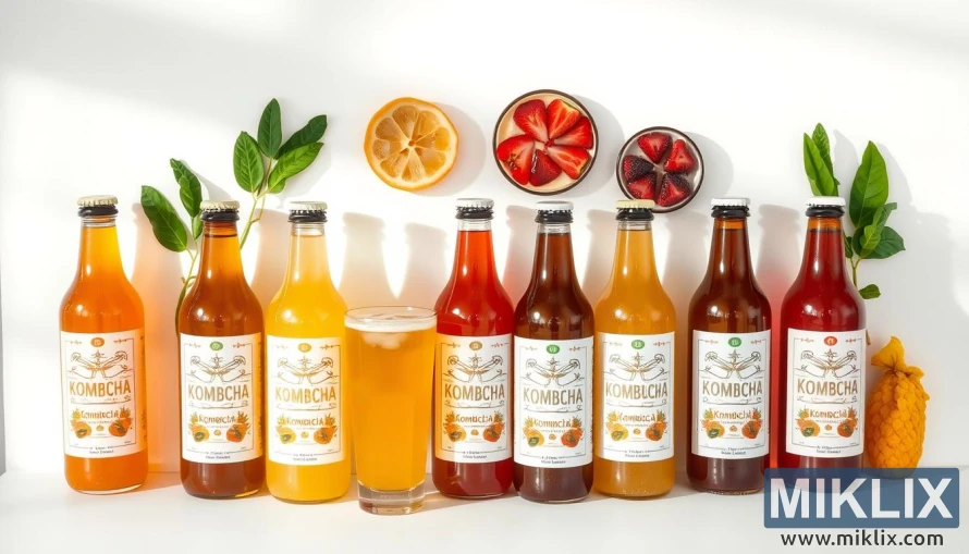 A vibrant arrangement of kombucha drinks in various flavors, prominently displayed on a clean, white background. The bottles and glasses are crafted with a sleek, minimalist design, showcasing the natural hues of the kombucha itself. Soft, diffused lighting from above illuminates the scene, highlighting the translucent, effervescent quality of the beverages. The layout is structured yet inviting, with the kombucha bottles and glasses arranged in a visually appealing, symmetrical pattern. The overall atmosphere conveys a sense of health, wellness, and the potential benefits of kombucha for weight loss.