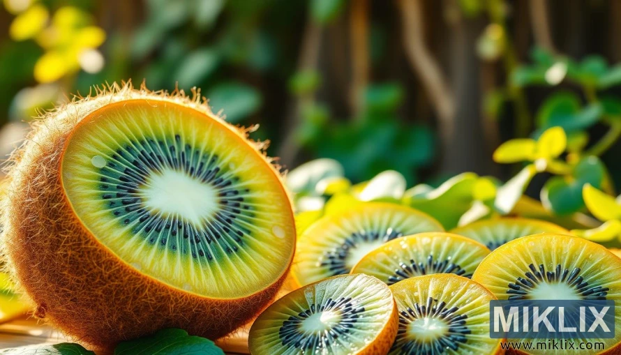 A lush, vibrant kiwi fruit in the foreground, its fuzzy brown skin and vivid green flesh glistening with natural juices. In the middle ground, an array of sliced kiwi halves, revealing their striking black seeds and delicate texture. The background features a soft, blurred backdrop of verdant leaves and vines, suggesting a thriving, healthy garden. Warm, natural lighting bathes the scene, creating a sense of nourishment and vitality. The overall composition conveys the abundant health benefits of this nutritious, flavorful fruit.