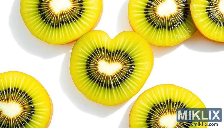 A close-up shot of vibrant, freshly-cut kiwi fruit slices, arranged in a heart-shaped pattern on a clean, white background. The kiwi slices are glistening with moisture, their green flesh and black seeds contrasting beautifully. Soft, natural lighting illuminates the scene, casting delicate shadows and highlighting the fruit's rich, textured skin. The overall composition conveys a sense of health, vitality, and the heart-healthy benefits of this nutritious superfood.