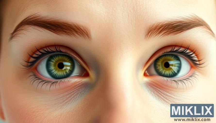 A pair of healthy, vibrant eyes gazing forward with a sense of clarity and focus. The irises are a striking blend of greens and blues, reflecting the nourishing power of kiwi fruits. The sclera is bright white, indicating robust ocular health. Soft, diffused lighting illuminates the scene, casting a gentle, calming glow. The eyes are framed by delicate, well-groomed eyebrows and lashes, conveying a sense of vitality and youth. The overall composition is clean, crisp, and inviting, drawing the viewer's attention to the subject's ocular wellness.