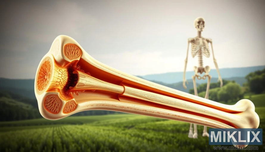 A detailed, anatomical illustration showcasing the internal structure of healthy bones. The foreground depicts a magnified cross-section of a long bone, revealing the intricate network of trabecular and cortical bone, as well as the bone marrow cavity. The middle ground shows a full skeletal structure in a neutral pose, highlighting the strength and flexibility of the skeletal system. The background features a serene, natural landscape with soft, diffused lighting, conveying a sense of wellness and vitality. The overall mood is one of scientific clarity and appreciation for the elegance of human bone health.