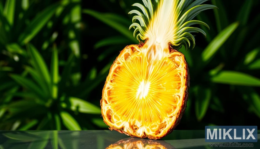 A vibrant pineapple, halved, showcasing its juicy, golden yellow flesh and intricate spiral pattern. Dramatic side lighting casts shadows that accentuate the fruit's natural textures and geometry. In the background, a lush tropical foliage backdrop with broad leaves in shades of green, hinting at the pineapple's lush, exotic origins. The overall composition is balanced and aesthetically pleasing, highlighting the pineapple's visual appeal and alluding to its nutritional benefits.