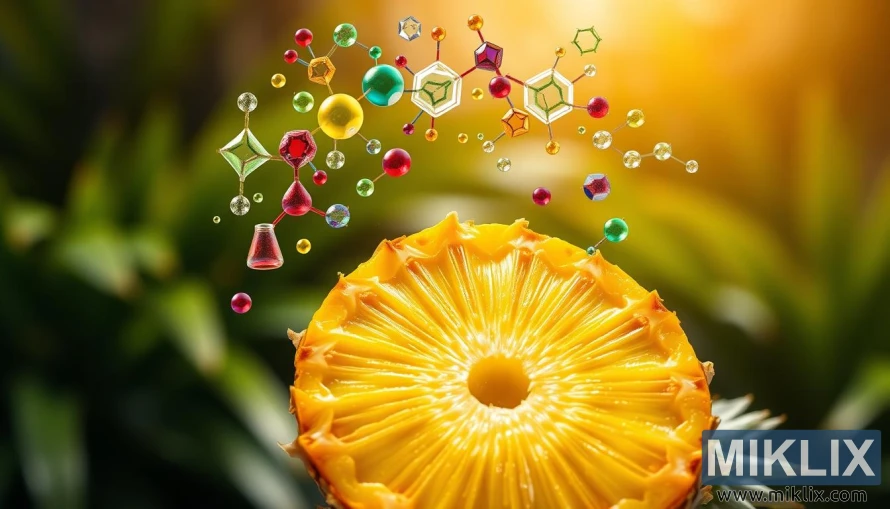 A vibrant, high-resolution image showcasing the antioxidant properties of pineapple. In the foreground, a perfectly ripe pineapple slice reveals its juicy, golden-yellow flesh, glistening under warm studio lighting. The pineapple's core, rich in vitamin C and bromelain, is prominently displayed. Surrounding the pineapple, a halo of colorful antioxidant molecules in various shapes and sizes floats gracefully, representing the fruit's potent free-radical scavenging abilities. The middle ground features a blurred, out-of-focus background of lush, tropical foliage, emphasizing the pineapple's natural origins. The overall composition conveys the health benefits and nutritional value of this vibrant, antioxidant-packed fruit.