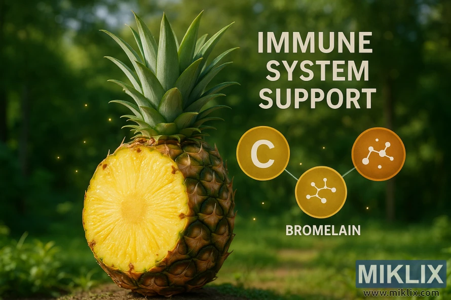 A colorful, vibrant illustration depicting the immune system support properties of pineapple. In the foreground, a large, juicy pineapple slice with lush, green leaves bursts with energy and vitality. The pineapple's golden hues are accentuated by warm, soft lighting, casting a gentle glow. In the middle ground, an array of immune-boosting nutrients and compounds associated with pineapple, such as vitamin C, bromelain, and antioxidants, are prominently featured. These elements are arranged in a visually striking, almost scientific diagram-like manner. The background showcases a serene, natural setting, perhaps a lush, tropical forest or a tranquil garden, symbolizing the holistic, natural approach to health and wellness. The overall composition conveys a sense of harmony, balance, and the powerful, rejuvenating properties of pineapple for supporting the immune system.