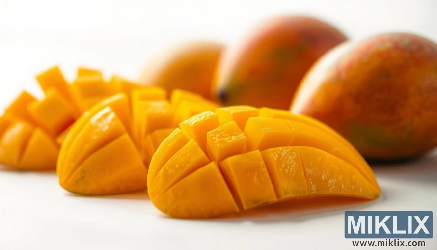 A detailed macro photograph of ripe mango slices arranged in a visually appealing manner, showcasing their vibrant orange-yellow color and juicy texture. The mangoes are placed on a clean white background, illuminated by soft, natural lighting from the side to highlight their intricate patterns and form. The foreground features the mango slices in focus, while the middle and background subtly fade into a blurred, minimal setting to emphasize the subject. The overall composition conveys a sense of freshness, health, and the digestive benefits associated with consuming this delicious tropical fruit.