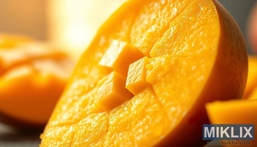 A close-up photograph of a ripe, golden mango sliced in half, revealing its juicy, vibrant flesh. The mango is bathed in soft, warm lighting, casting a gentle glow and creating a sense of richness and vitality. The background is blurred, allowing the mango to be the focal point, emphasizing its natural goodness and antioxidant-rich properties. The image is crisp, high-resolution, and showcases the mango's intricate textures, from the delicate skin to the succulent pulp, conveying its nutritional value and the health benefits of consuming this tropical fruit.