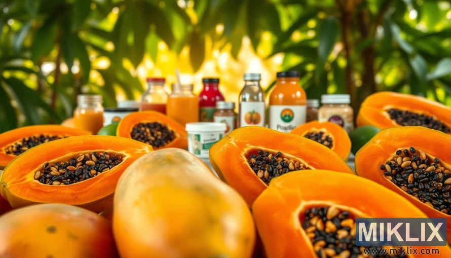 A highly detailed, photorealistic image of an assortment of fresh, ripe papayas in the foreground, showcasing their vibrant orange flesh, luscious texture, and distinctive seeds. In the middle ground, various papaya-based health products such as juices, smoothies, and supplements are arranged, highlighting the diverse uses and benefits of this nutritious fruit. The background features a serene, natural setting with verdant foliage and a calming, warm lighting that enhances the overall atmosphere of wellness and vitality. The image should convey the message of the health benefits of consuming papaya, with a focus on its high vitamin C content, antioxidant properties, and digestive benefits.