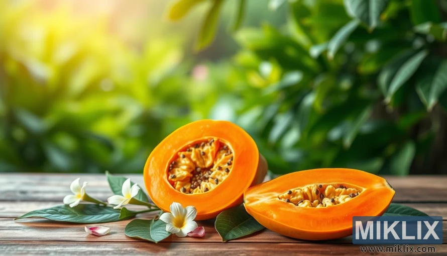 A vibrant, high-resolution image of a papaya fruit with its slice revealing a cross-section, showcasing its juicy, golden-orange flesh. The fruit is bathed in soft, diffused lighting, creating a serene, natural atmosphere. In the foreground, the papaya is placed on a wooden surface, surrounded by green leaves and delicate flower petals, symbolizing its fresh, medicinal properties. In the background, a blurred landscape of lush, tropical foliage provides a calming, soothing backdrop. The composition emphasizes the anti-inflammatory benefits of the papaya, inviting the viewer to appreciate its health-promoting qualities.