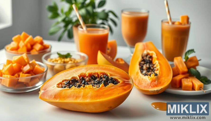 A vibrant still life showcasing various ways to enjoy papaya. In the foreground, a fresh papaya is sliced open, revealing its vivid orange flesh. Surrounding it are different preparations - diced papaya in a bowl, a papaya smoothie with a straw, and papaya spears skewered on a plate. The middle ground features additional papaya half-shells, a wedge garnished with mint leaves, and a drizzle of honey. The background is a clean, bright kitchen counter, with a potted plant adding a touch of greenery. The lighting is soft and natural, highlighting the juicy, ripe texture of the papaya. Captured with a warm, inviting tone, this image captures the versatility of papaya and its ability to be incorporated into a healthy, nutritious diet.