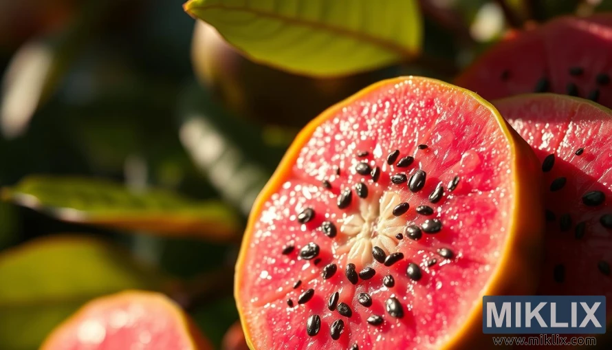 A close-up shot of guava fruit slices, revealing their vibrant pink flesh and numerous tiny black seeds. The guava is illuminated by warm, natural lighting, casting soft shadows that accentuate its organic texture and juicy appearance. In the background, blurred guava leaves create a lush, verdant environment, hinting at the fruit's botanical origins. The overall composition emphasizes the antioxidant-rich qualities of the guava, inviting the viewer to appreciate its nutritional benefits and visual appeal.
