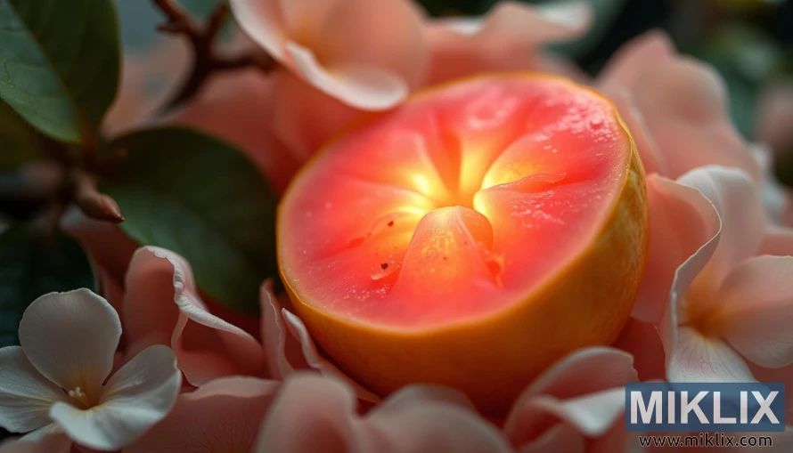 A lush, ripe guava nestled amidst delicate floral petals, radiating a warm, soothing glow. The fruit's soft, velvety skin appears to pulse with an inner light, as if infused with the healing energy of the cosmos. Surrounding the guava, a hazy, dreamlike atmosphere pervades, evocative of the gentle relief it can provide during menstrual cramps. Captured through a soft-focus lens, the scene conveys a sense of tranquility and comfort, inviting the viewer to experience the restorative properties of this remarkable fruit.
