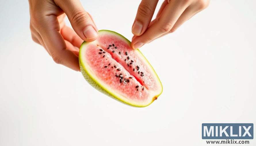 A richly detailed close-up of a person's hands delicately peeling and separating the layers of a ripe, juicy guava fruit against a clean, bright background. Soft, warm lighting illuminates the vivid green skin, pink flesh, and tiny black seeds, showcasing the fruit's vibrant colors and natural textures. The hands move with care and precision, inviting the viewer to imagine the sweet, tangy flavor and the satisfying crunch of biting into the fruit. This intimate, sensory-driven scene captures the simple pleasure of enjoying guava in a healthful, appetizing way.