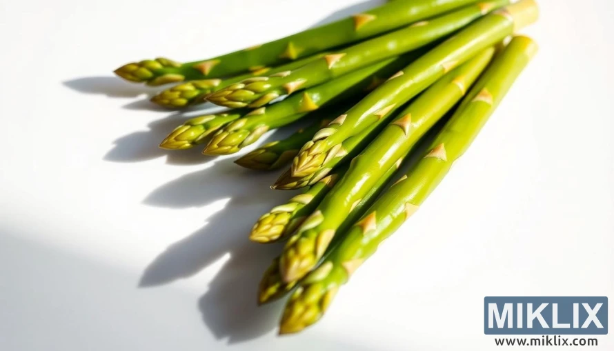 A vibrant, well-lit close-up photograph of fresh, green asparagus spears arranged in a diagonal pattern, casting long, dramatic shadows across a clean, pristine white background. The asparagus stalks are plump, juicy, and glistening, with a slight curl at the tips, suggesting their freshness and natural goodness. The image conveys a sense of health, vitality, and the simple pleasures of a nutritious, natural food. The crisp, high-contrast lighting and shallow depth of field draw the viewer's attention to the asparagus, highlighting its unique and appealing qualities.