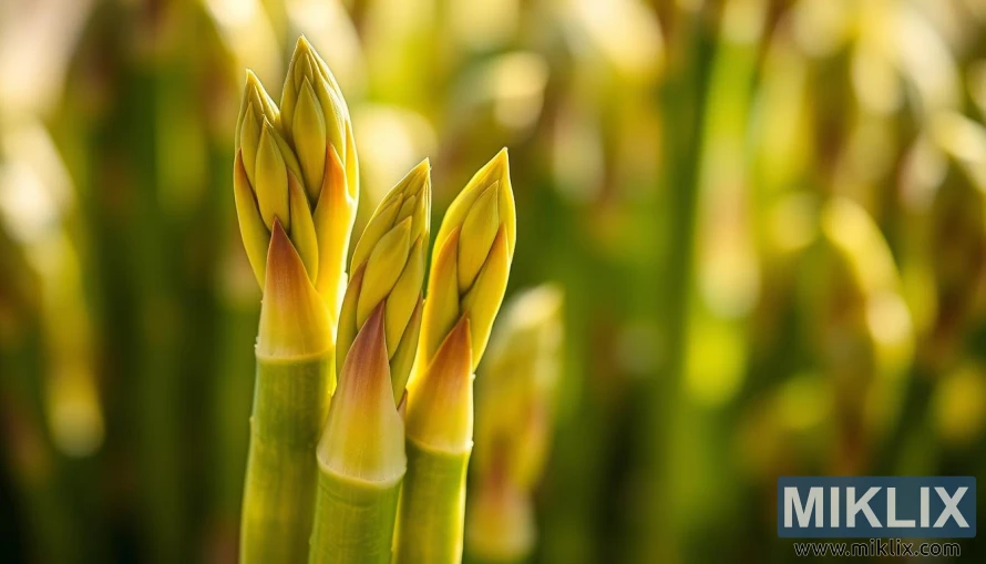 A close-up of a single asparagus spear standing upright, its vibrant green hue glowing under warm, natural lighting. The stalk's surface is subtly textured, and its tips are delicately fanned out, revealing a cross-section that resembles an intricate, star-like pattern. In the background, a soft, blurred field of additional asparagus spears creates a lush, verdant atmosphere. The overall composition conveys a sense of wholesome, earthy vitality, hinting at the vegetable's potential to support healthy blood sugar regulation.