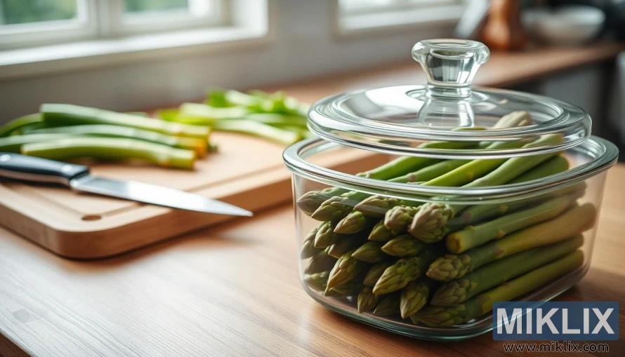 A well-lit kitchen counter with fresh asparagus spears neatly arranged, their vibrant green hues contrasting against a wooden surface. In the foreground, a glass container with a tight-fitting lid, showcasing the proper storage method for preserving the asparagus's crispness and flavor. The middle ground features a cutting board and a sharp chef's knife, suggesting the preparation steps. The background subtly hints at a window, allowing natural light to cascade into the scene, creating a warm, inviting atmosphere. The overall composition emphasizes the importance of proper storage techniques to maintain the seasonal goodness of asparagus.