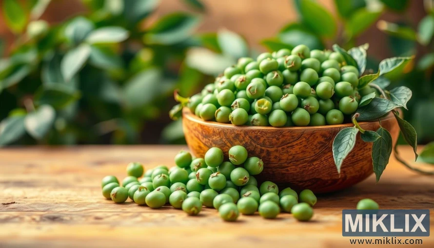 A vibrant and nutritious arrangement of fresh green peas, with a soft focus and warm lighting. The peas are spilling out of a wooden bowl, against a backdrop of lush, earthy tones. The image conveys the health benefits of peas, such as their high fiber, protein, and antioxidant content, as well as their ability to support digestion, heart health, and immune function. The composition is balanced, with the peas in the foreground drawing the eye, and the subtle, natural setting creating a calming, inviting atmosphere.