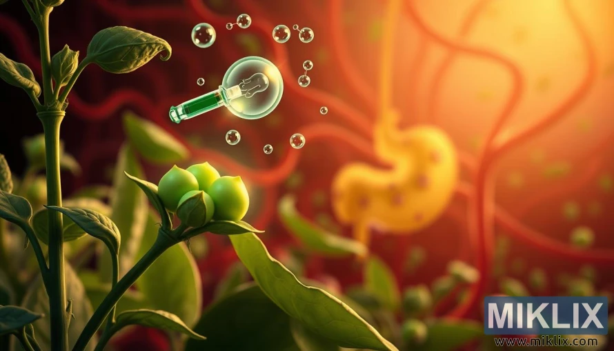 Detailed illustration of blood sugar regulation with peas, wide shot, well-lit, soft focus, pea plant in foreground with glowing green pods, insulin molecules and glucose molecules floating above, pancreas in middle ground with pancreatic islet cells highlighted, arteries and veins in background transporting blood, warm color palette, photorealistic style.