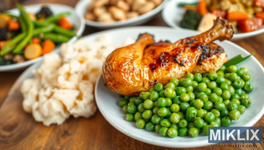 Vibrant plate filled with a hearty serving of steamed peas, complemented by a variety of delectable dishes. In the foreground, a generous portion of succulent roasted chicken, its golden-brown skin glistening under the warm, natural lighting. In the middle ground, a bed of fluffy mashed potatoes, their creamy texture inviting a savory bite. Alongside, a colorful medley of sautéed vegetables, including crisp carrots, tender broccoli, and the star of the scene - the bright green peas, perfectly incorporated into the meal. The composition is framed by a rustic wooden table, adding a cozy, homemade ambiance. The overall scene evokes a sense of nourishment, balance, and the joy of incorporating this nutritious ingredient into a delightful, well-rounded dining experience.