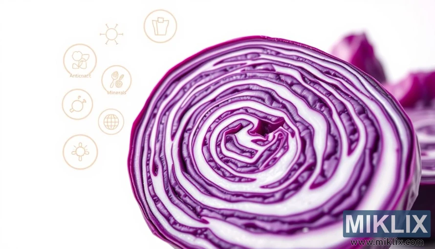 A vibrant and detailed illustration of red cabbage showcasing its health benefits. In the foreground, a freshly sliced head of red cabbage, its deep purple hues and intricate spiral pattern filling the frame. Surrounding it, various nutrient-rich elements associated with the vegetable's benefits, such as antioxidant-rich vitamins, minerals, and phytochemicals, depicted as glowing, stylized icons or symbols. The middle ground features a crisp, clean white backdrop, allowing the cabbage and its associated elements to stand out prominently. Soft, diffused lighting casts a gentle glow, highlighting the natural beauty and vibrancy of the produce. The overall mood is one of health, wellness, and the nutritional power of this humble, yet remarkable, cruciferous vegetable.
