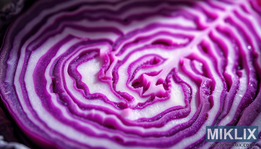 A close-up, high-resolution photograph of vibrant red cabbage slices, showcasing the intricate patterns and rich, deep purple hues. The cabbage is illuminated by soft, natural lighting, highlighting the translucent, almost jewel-like quality of the leaves. The composition focuses on the cross-section of the cabbage, revealing the concentric circles and the myriad of tiny veins and cells that contain the powerful antioxidants. The image has a crisp, clean, and slightly moody atmosphere, emphasizing the complexity and beauty of this nutritional powerhouse.