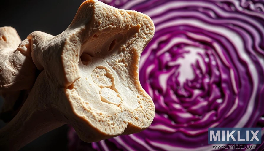 A cross-sectional view of a human bone, magnified to reveal its intricate structure. In the background, a vibrant red cabbage, its layers peeled back to expose the deep purple pigments. Dramatic lighting casts dramatic shadows, highlighting the bone's trabecular network and the cabbage's nutrient-rich cellular structure. The composition emphasizes the connection between the bone's health and the antioxidants, vitamins, and minerals found in the red cabbage. The image conveys a sense of scientific exploration and the power of natural foods to support strong, resilient bones.