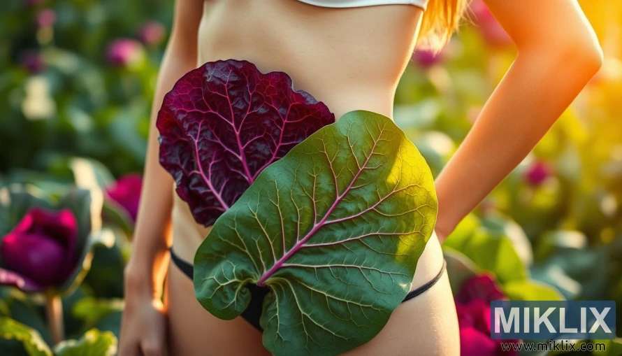 A slender woman with a vibrant red cabbage leaf draped across her midsection, standing in a lush, verdant garden. The soft, diffused lighting bathes her in a warm, glowing hue, highlighting her trim, fit physique. In the background, additional red cabbage plants sway gently in a light breeze, creating a sense of tranquility and wellness. The image conveys the idea of weight management through the incorporation of the red cabbage, a symbol of the healthy, natural approach to achieving one's goals.
