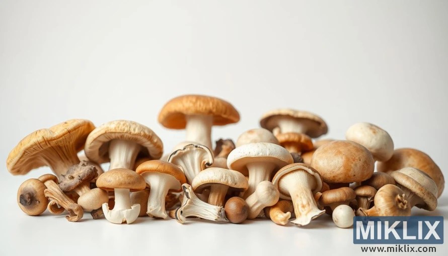 A detailed arrangement of various mushroom varieties, including shiitake, oyster, and button mushrooms, displayed in a visually appealing manner against a clean, minimalist backdrop. The mushrooms are well-lit, showcasing their unique textures and vibrant colors. The composition is balanced, with the mushrooms occupying the foreground and middle ground, allowing the viewer to focus on their nutritional profile. The background is a neutral, soft-focus area, creating a sense of depth and emphasizing the subject matter. The overall mood is one of simplicity and clarity.