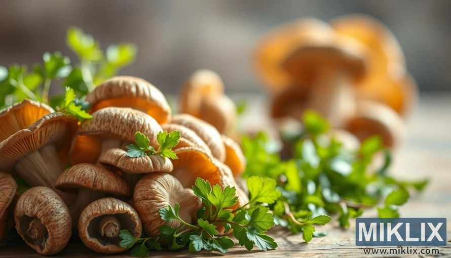 Gut health mushrooms: a vibrant still life captured in warm, natural lighting. In the foreground, a cluster of earthy, textured mushrooms in varying shades of brown and beige, their caps unfurling to reveal delicate gills. In the middle ground, a scattering of fresh, green herbs and leaves, their vivid hues adding a touch of vitality. The background is softly blurred, hinting at a serene, rustic setting, perhaps a wooden table or a natural surface. The overall mood is one of nourishment, wellness, and the restorative power of nature's bounty.