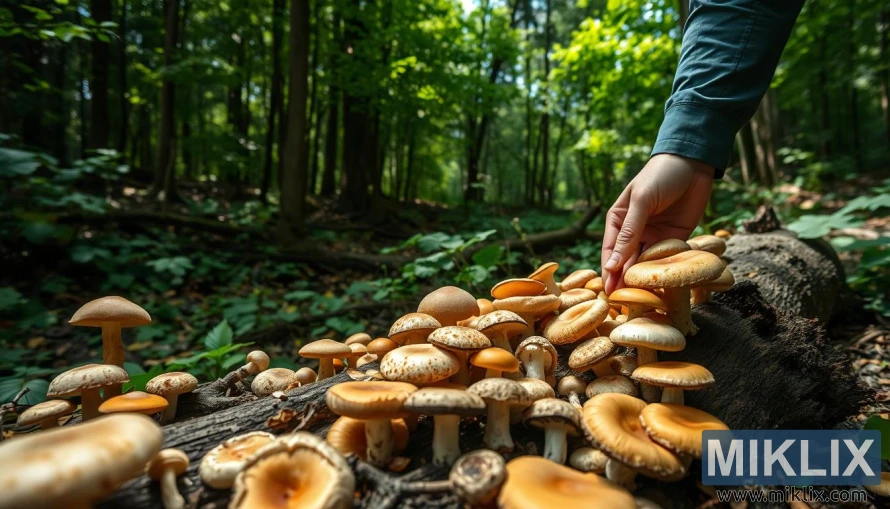 A person in a lush forest setting, carefully examining and selecting various types of mushrooms growing on the ground and fallen logs. The foreground shows their hands gently handling the mushrooms, inspecting their caps and stems. The middle ground depicts a diverse array of mushroom varieties, including edible species such as shiitake, oyster, and crimini. The background features a dense, verdant forest with dappled sunlight filtering through the canopy, creating a warm, earthy atmosphere. The lighting is natural and soft, highlighting the textures and colors of the mushrooms. The camera angle is slightly elevated, providing a clear view of the selection process. The overall scene conveys a sense of thoughtfulness, attention to detail, and appreciation for the natural world.