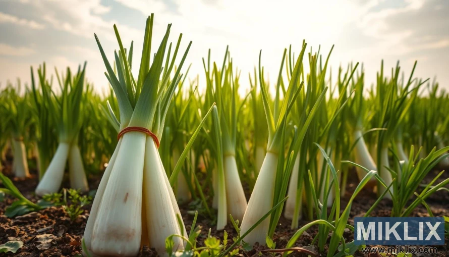 A lush, vibrant field of leeks against a soft, pastel sky. Sunlight filters through wispy clouds, casting a warm, golden glow on the verdant stalks. In the foreground, a cluster of freshly harvested leeks, their layered white and green hues glistening with morning dew. Textured soil and scattered foliage create a sense of depth, while the middle ground features an array of thriving leek plants, their long, slender leaves swaying gently in a gentle breeze. The background blends into a hazy horizon, suggesting the expansive nature of this bountiful leek harvest. An image that celebrates the natural beauty and health-promoting properties of this versatile allium.