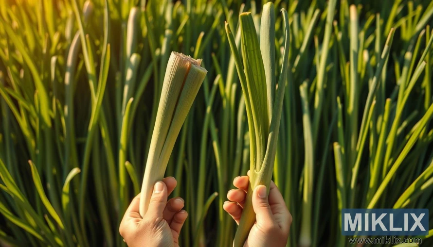Vibrant green stalks of freshly harvested leeks, their slender forms casting long, graceful shadows across a lush, verdant backdrop. The scene is bathed in warm, golden sunlight, creating a serene and inviting atmosphere. In the foreground, a pair of hands gently hold a single leek, highlighting its crisp, clean texture and the subtle hues that range from pale green to deep emerald. The overall composition conveys a sense of health, vitality, and the potential for weight loss, as the leeks' natural diuretic and low-calorie properties are subtly suggested through the careful arrangement and lighting.