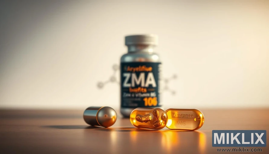 A sleek, minimalist composition capturing the essence of ZMA supplementation. In the foreground, a trio of zinc, magnesium, and vitamin B6 capsules, their metallic sheen gleaming under warm, directional lighting. The midground features a simple, scientific-looking backdrop, perhaps a blurred molecular diagram or subtle geometric pattern, conveying a sense of wellness and vitality. The background is a softly defocused, neutral-toned environment, allowing the key elements to take center stage. The overall mood is clean, modern, and informative, inviting the viewer to explore the potential health advantages of this popular supplement.