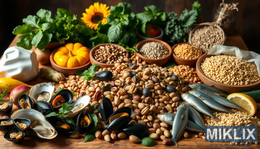A bountiful table overflowing with natural food sources of zinc, magnesium, and vitamin B6. In the foreground, a variety of fresh seafood like oysters, mussels, and sardines. In the middle, an array of nuts and seeds like pumpkin, sunflower, and chia. In the background, lush leafy greens, whole grains, and legumes create a balanced, earthy composition. Warm, soft lighting illuminates the scene, casting a comforting glow. The overall atmosphere is one of wholesome nourishment, inviting the viewer to savor the wealth of essential nutrients found in these whole, unprocessed foods.