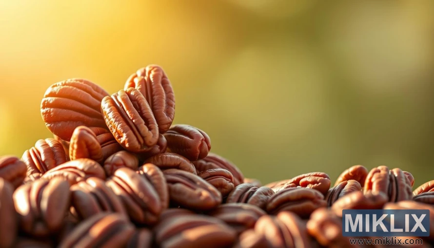 A vibrant, high-resolution close-up of an assortment of fresh, whole pecan nuts arranged in a natural, heart-shaped formation, illuminated by warm, golden-hued natural lighting. The pecans are set against a serene, blurred background with muted greens and browns, conveying a sense of wellness and vitality. The image should have a crisp, photographic quality and a focus on the intricate textures and colors of the pecan nuts, highlighting their healthful properties and heart-healthy benefits.