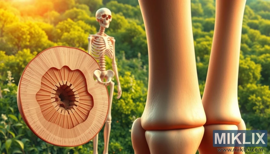 A detailed illustration of strong, healthy human bones against a backdrop of lush greenery and a warm, golden light. The foreground features a close-up view of a cross-section of a femur bone, showcasing its intricate internal structure with trabecular and cortical bone layers. In the middle ground, a full skeletal structure stands tall, its bones gleaming with a pearly sheen, conveying an impression of strength and vitality. The background is filled with a vibrant, verdant landscape, hinting at the connection between bone health and a nourishing, natural environment. The overall scene radiates a sense of balance, resilience, and the underlying harmony between the human body and the natural world.