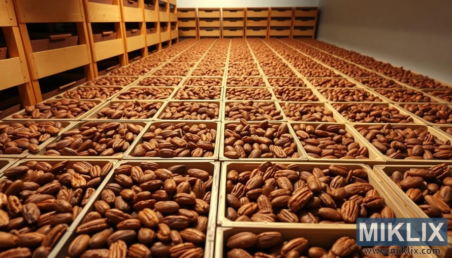 A well-organized storage setup for fresh pecan nuts, with meticulously arranged rows of wooden crates or sturdy containers holding the nuts. The lighting is soft and warm, enhancing the natural tones of the pecans. The camera captures the scene from a slightly elevated angle, showcasing the efficient and organized storage system. The background is clean and uncluttered, allowing the focus to remain on the carefully stored pecans. The overall mood is one of attention to detail and dedication to preserving the quality and freshness of these nutritious nuts.