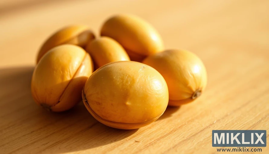 A close-up macro shot of a group of fresh, golden-brown macadamia nuts resting on a lightly textured, natural wooden surface. The nuts are shown in crisp, vivid detail, highlighting their smooth, oval shape and rich, buttery color. Warm, soft lighting from the side casts gentle shadows, creating a sense of depth and emphasizing the nuts' alluring sheen. The background is subtly blurred, keeping the focus solely on the macadamia nuts and their appealing, appetizing presentation.