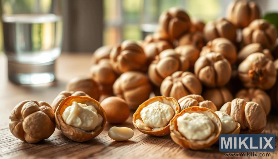 A still life scene of freshly harvested macadamia nuts arranged on a wooden table, bathed in soft, warm lighting that highlights their rich, buttery texture. In the foreground, a couple of the nuts have been cracked open, revealing their creamy, satisfying interior. The middle ground features a glass of water, symbolizing the importance of hydration and satiety when consuming these nutrient-dense nuts. The background showcases a tranquil, natural setting, perhaps with a faint hint of greenery, conveying the connection between macadamia nuts and a balanced, wholesome lifestyle. The overall mood is one of contentment, balance, and the pursuit of healthy living.