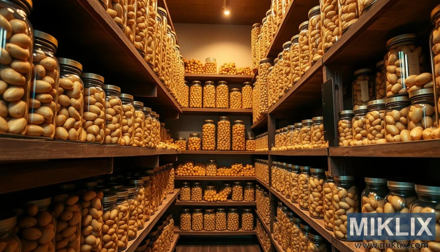 A well-stocked macadamia nuts storage area, bathed in warm, diffused lighting. On sturdy wooden shelves, rows of clear glass jars hold the glistening nuts, their smooth shells and creamy interiors visible. The jars are arranged with meticulous care, some stacked, others displayed individually. The overall scene conveys a sense of organization, quality, and the premium nature of these delectable nuts. The background is a clean, neutral tone, allowing the nuts to be the focal point. A sense of texture and depth is achieved through the interplay of the glass, wood, and lighting, creating a visually appealing and informative image.